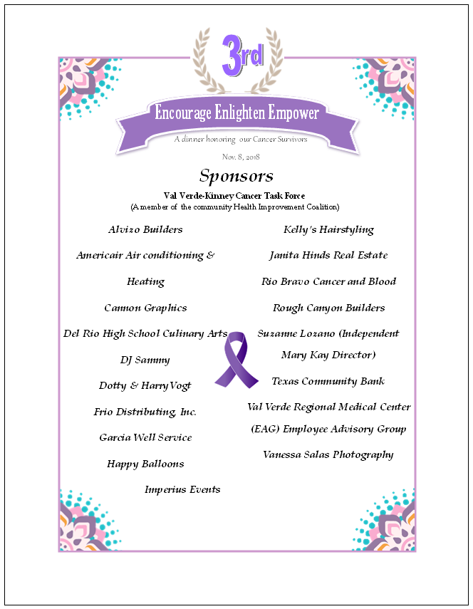 We wish to thank the sponsors of the 3<sup>rd</sup>Annual Cancer Survivor Dinner